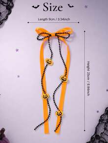 2pcs Halloween Ghost Pumpkin Bow Hair Clips, Ribbon Long Tail Ghost Pumpkin Pendant Hair Clips, Fun Halloween Party Gift Hair Accessories - Orange - View 7