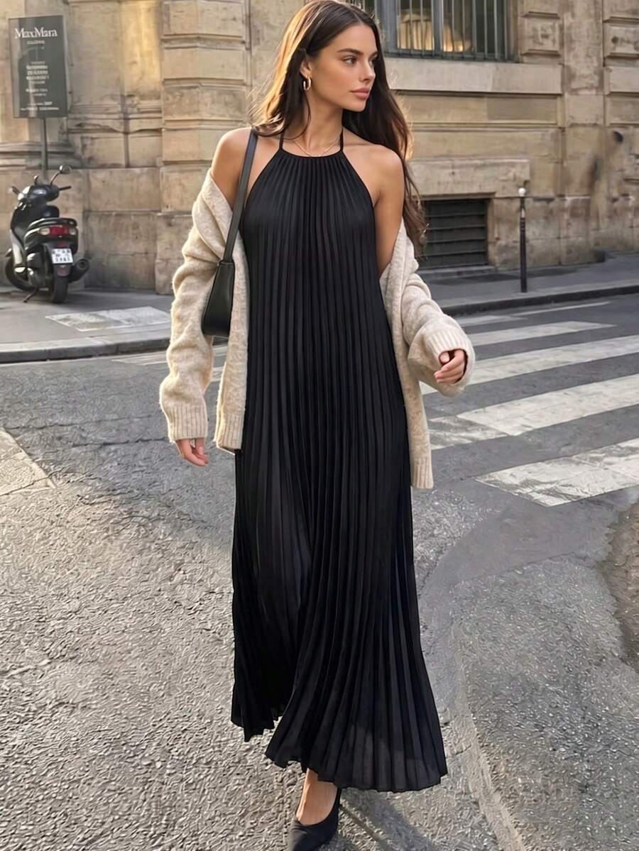 2026 Spring/Summer New Fashion Elegant Casual Commute Daily Date Holiday Travel Tea Party Beach Pleated Backless Halter Neck Dress Black