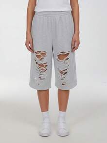 Adidas Originals Women's KNIT JORTS W Distressed Knit Sports Shorts LC6461 - Grey - View 1