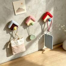3pcs Creative Home Hooks Strong Adhesive No-Drill Wall Mount, Cute Little House Design Storage Hanging Rack Bedroom Bathroom Organizer, Random Color - View 5