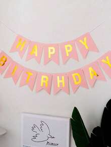 1 Set Pink Happy Birthday Paper Bunting, Modern Metallic Letter Graphic Decorative Banner, Suitable For Birthday Party Event Decoration - Pink - View 5