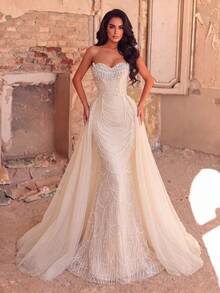 Faeriesty Elegant Beaded & Sequin Embroidered Evening Gown, Heart-Shaped Neckline, Sheer Mesh Trailing Design, Graceful Train Fall Wedding - Apricot - View 5