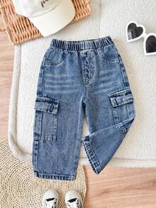 1pc Baby Boy Casual Street Style Korean Fashion Elastic Waist Denim Cargo Pants - Medium Wash - View 1