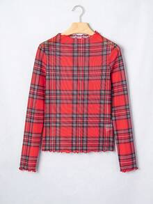 Acelitt Spring/Autumn Vintage Y2K Cropped Fitted Small Stand Collar Ruffle Hem Plaid Print Long Sleeve Sheer Mesh Top, Suitable For Party And Daily Wear - Red - View 5