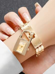 Jam Tangan Quartz Wanita dengan Desain Kunci Personalisasi, Dial Persegi Kecil yang Indah, Tali Paduan Emas, Jam Tangan Mewah Niche, Hadiah untuk Pacar (1 buah/Set) Kotak Jam Tangan Tidak Termasuk - Emas - View 5