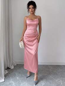 Minimal Satin Vacation Slip Midi Long Dress Graduation Commute Travel Vacation City Trip Leisure Brunch Wear - Pink - View 5