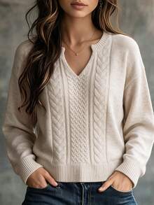 Sweater Rajut Kabel Warna Oatmeal Wanita, Leher V Setengah Terbuka, Pullover Lengan Panjang Longgar Bahu Jatuh Lembut Mirip Wol, Atasan Kasual Sehari-hari untuk Musim Gugur dan Musim Dingin - Aprikot - View 6