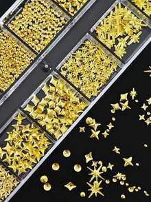 12-Grid Mixed 3D Metal Caviar Beads Nail Art Decoration Set (Stars & Metal Rivets), Cool Punk Y2K Style Rhinestone Nail Art Decor, Suitable For DIY Nail Art & Handmade Decoration - Gold - View 7