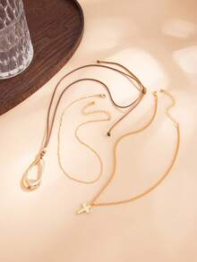 3pcs/Set Bohemian Vintage Layered Necklace With Cross, Leather Cord And Hollow Large Water Drop Pendant, Women's Autumn/Winter Sweater/Coat Vacation/Date Atmosphere Accessory Gift - Gold - View 3