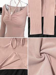 Kaos Lengan Panjang Model Halter Neck Slim Fit untuk Wanita Tercantik di Musim Gugur, Atasan Lapisan Dasar yang Menawan - Berwarna merah muda - View 8