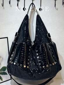 Nicekee Sparkling Rivet Splicing Shoulder Bag, Personalized And For Female Commuting, Suitable For Daily Shopping And Short Distance Travel - Black - View 12