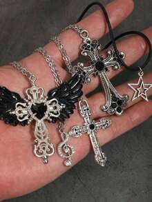 5pcs Vintage Gothic Rhinestone Heart Angel Necklace Black Wings Angel Cross Necklace Subculture White Wings Couple Sweater Chain Star Women Necklace Set, Bohemian Style Wings Necklace, Y2K Women Necklace - Silver - View 13