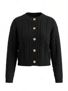 Elegant Women's Autumn/Winter Fashion Daily Home Casual Basic Simple And Loose Solid Color Knitted Round Neck Long Sleeved Cardigan Jacket Sweater Top - Black - View 5
