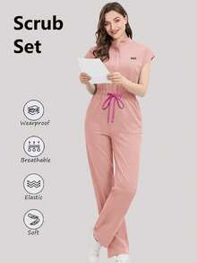 Scrubs Set For Women Uniform With Pockets Zipper Stand Collar Drawstring Design Surgical Gown Set Clinic - Pink - View 1