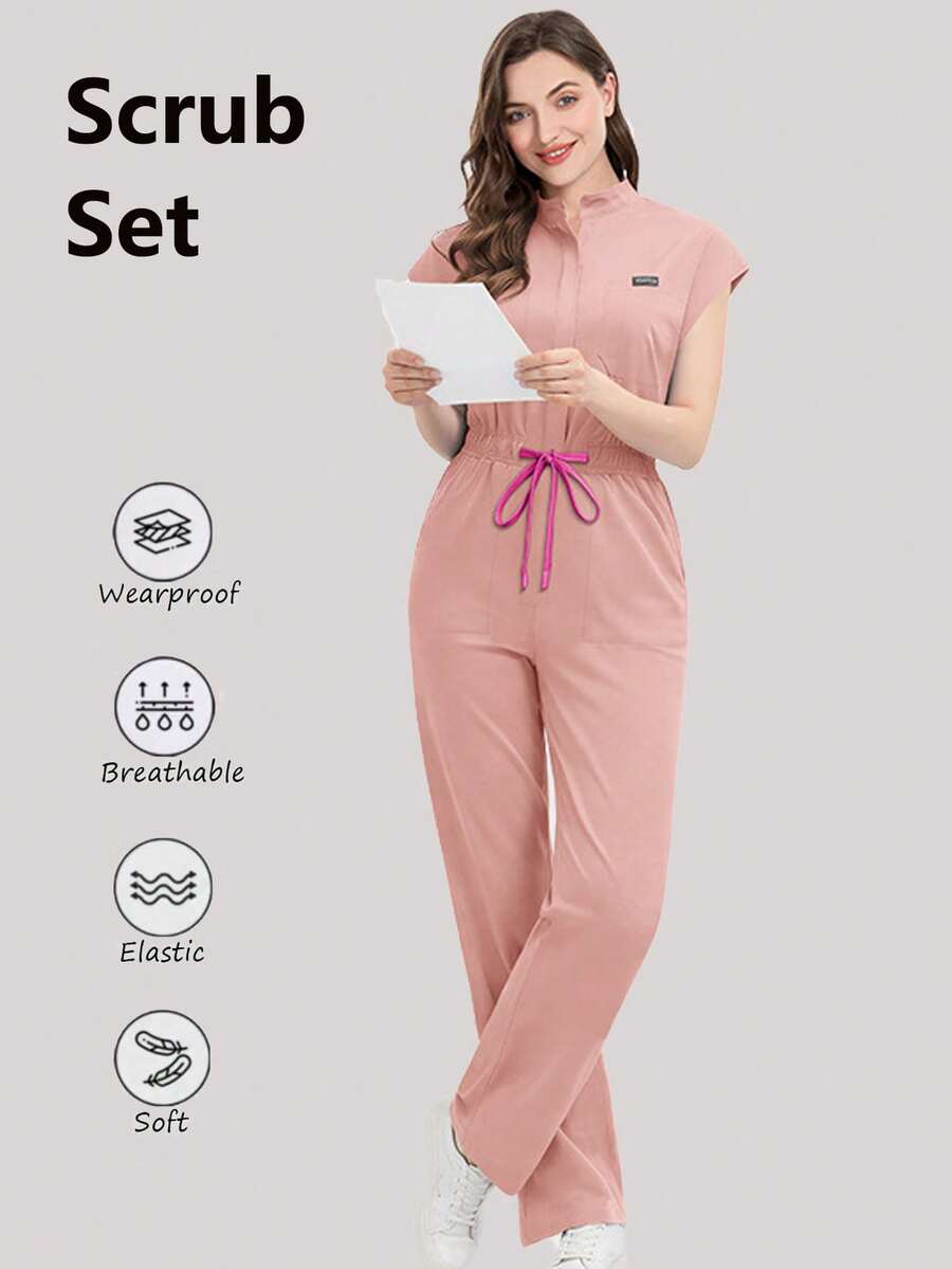 Scrubs Set For Women Uniform With Pockets Zipper Stand Collar Drawstring Design Surgical Gown Set Clinic - Pink - View 1