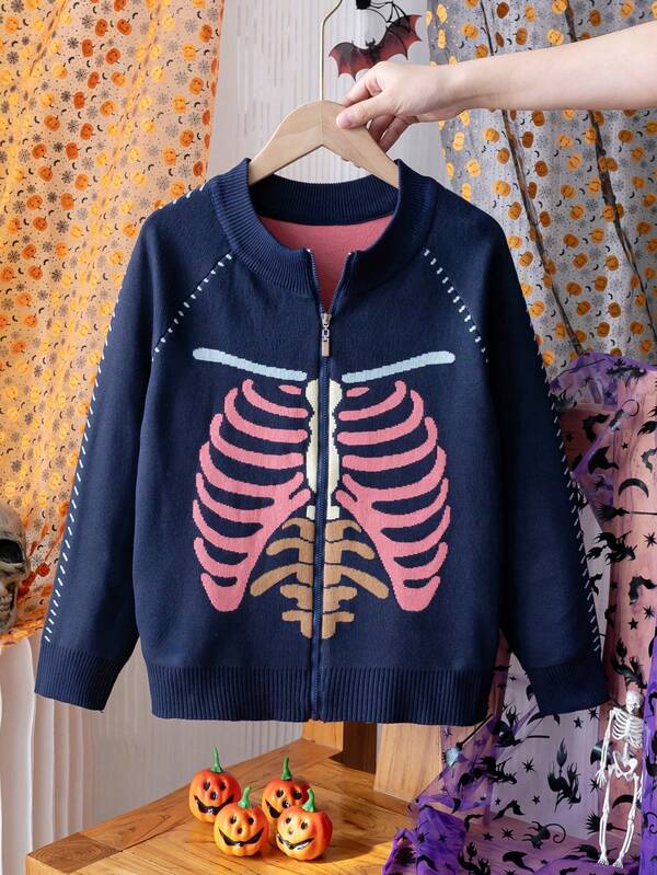 Tween Boys Street Style Skeleton Print Stand Collar Raglan Sleeve Knit Zip-Up Sweater, Suitable For Halloween, Casual Wear, Spring, Autumn, Winter