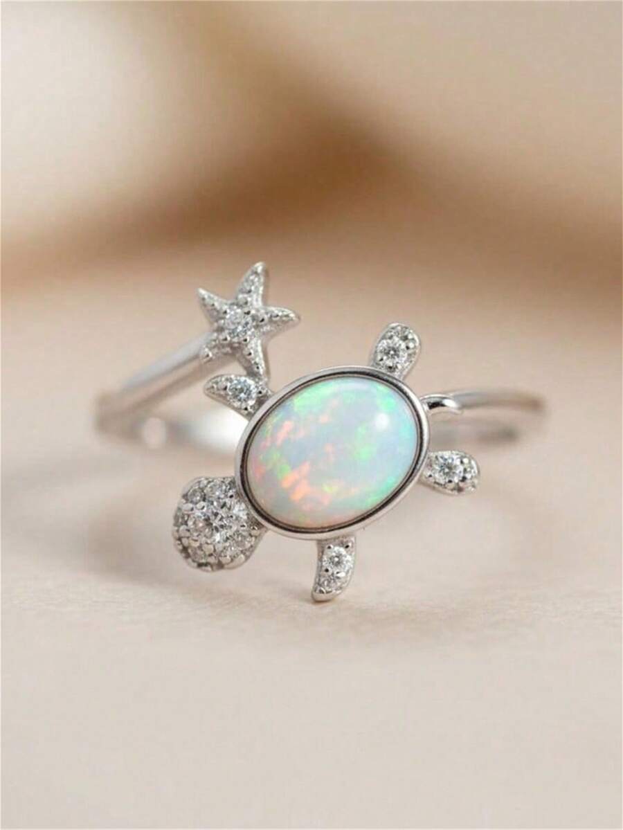 Fantasy Sparkling Opal Turtle & Star Separable Ring, Silver Plated Rhinestone Zirconia Open Adjustable Finger Ring, Minimalist Ocean & Sky Theme Jewelry - White - View 1