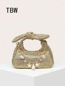 1pc Women's Straw Handbag With Crossbody Strap, Wrist Bow Decor, Shell And Starfish Accents, Suitable For Shopping, Outings And Beach Vacation - Gold - View 1