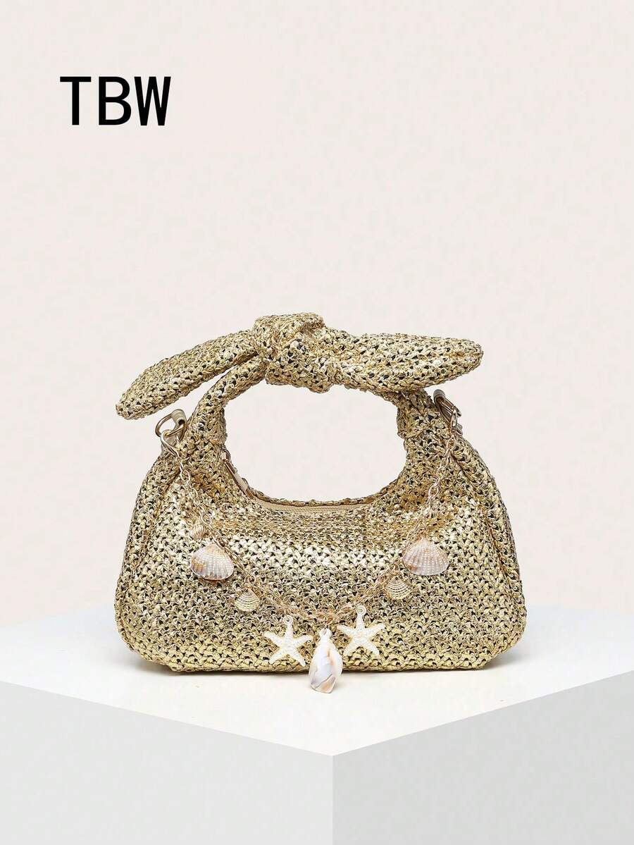 1pc Women's Straw Handbag With Crossbody Strap, Wrist Bow Decor, Shell And Starfish Accents, Suitable For Shopping, Outings And Beach Vacation - Gold - View 1