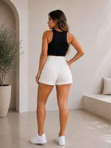 Short Feminino Linho Bolso Lateral  Cintura Alta Casual Elegante Moda Primavera Verão Uso Diário - Bege - Visão 2