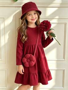 Girls' Spring/Autumn Long Sleeve Dress Single Piece (Accessories Not Included) Burgundy Corduroy Vertical Ribbed Texture Fabric, Suitable For Family Outings, Holiday Gatherings, Daily Wear, Gentle French Style Princess Dress - Red - View 4