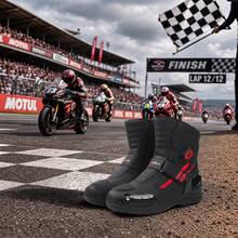 New Men's Professional Motorcycle Boots, Suitable For Racing Training And Combat, Fashionable Motorcycle Shoes, Riding Shoes, With Rotary Buckle, PU Upper Motorcycle Shoes - Black and Red - View 1