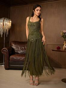 Elegant Women's Sleeveless Square Neck Beaded Tassel Long Formal Gown, Suitable For Evening Parties And Balls - Olive Green - View 3