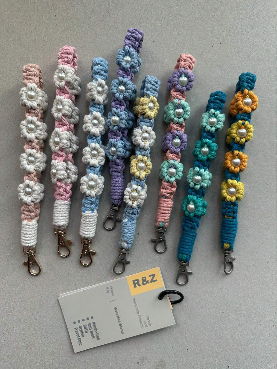1pc Handmade Woven Daisy Flower Crossbody Handbag With Phone Chain Lanyard Cotton Rope Keychain - Multicolor - View 1