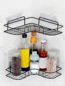 1/2pcs No-Drill Bathroom Corner Shelf, Bathroom & Kitchen Storage Rack, Practical Home Storage Tool, Home Decor, Bathroom Organizer, Bathroom Decor Accessories, Suitable For Back To School Season, Bathroom, Kitchen, Halloween Decor, Christmas Decor (3pcs(1 Shelf + 2 Hooks)/Set) - Black - View 3