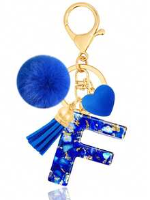 Cute A-Z Initial Keychain With Royal Blue Pom Pom, Heart And Tassel, Minimalist Personalized Key Chain For Women, Bag Charm, Daily Wear Accessory And Gift - Royal Blue - View 15