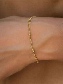 1pc Fashionable Golden Stainless Steel Waterproof Linked Bracelet Minimalist Silvery Versatile Bead Chain Hand Jewelry For Woman Daily Wear - Bracelet - View 2