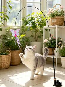 3 Pieces Set (Strong Suction Cup + String Cat Teaser Wand + Realistic Butterfly Pendant) Fun Cat Teaser Toy, Home Cat Toy, Suction Cup Cat Teaser Accessory, A Great Way For Cats To Self-Entertain And Burn Energy - Multicolor - View 3