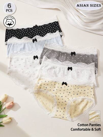 6pcs Women's Mixed Print Cotton Panties, White Lace Trim Triangle Panties, Bow, Ditsy Floral, Plaid, Multi-Color Underwear Set, Sweet And Pure Style Lingerie