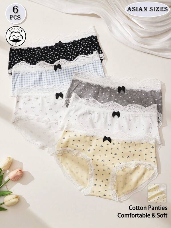 6pcs Women's Mixed Print Cotton Panties, White Lace Trim Triangle Panties, Bow, Ditsy Floral, Plaid, Multi-Color Underwear Set, Sweet And Pure Style Lingerie