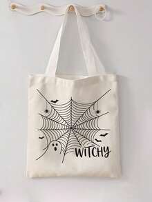 1pc Halloween Spider Web Print Canvas Tote Bag, Large Capacity Hand‑Held Shoulder Bag, Reusable Shopping Bag For Halloween Party Daily Commute - Beige - View 8