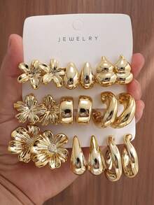 6/18PCS Fashionable Elegant Floral Geometric Textured Metallic Earrings Set Suitable For Party, Banquet, Travel, Wedding, Vacation, Daily Wear Jewelry Gift (Lightweight ABS Material, Non-Fading) - Gold - View 8