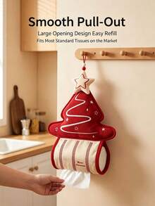 1PC Red Green Christmas Tree Pattern Hanging Tissue Holder, Festive Cute Corduroy Fabric Tree‑Shaped Tissue Dispenser, Star Embroidery With Hanging Loop, Space‑Saving Wall‑Mount Tissue Pouch For Xmas Home Living Room Christmas Party Decor Use - Multicolor - View 6