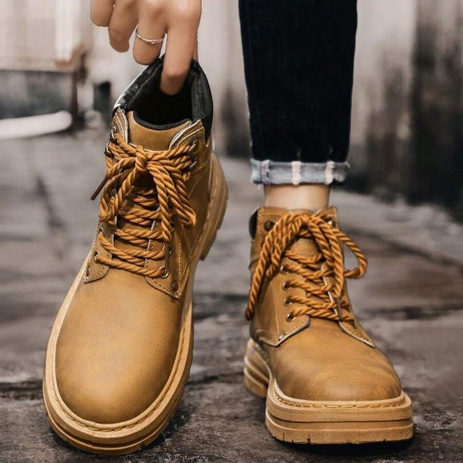 Men's Khaki Casual Work Boots, Thick Sole High-Top Boots - Yellow - View 1