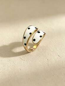 1pc Women's Wrap Open Ring, Gold-Plated White Enamel With Black Polka Dot Personalized Band, Daily Jewelry Gift - Multicolor - View 2