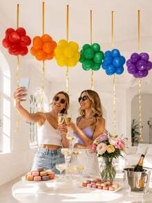 61pcs/Set Rainbow Color Balloon Cluster Ceiling Hanging Balloon Set, Includes Gold Ribbon, Multiple Colors Latex Balloons, Suitable For Rainbow Birthday Party, Rainbow Theme Party, Candy, Lawn Picnic Gathering, Decoration - Multicolor - View 5