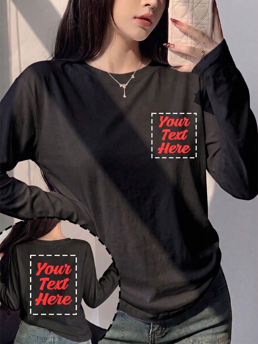 Custom Women's Long Sleeve T-Shirt - Add Your Text, Customize Your Text/Message/Birthday Wishes. Personalized Text Customization Sports - Black - View 1