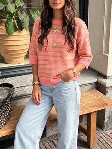 Blusa de punto de manga corta holgada y casual con cuello redondo, a rayas y bloques de color, versátil para uso diario, moda y vacaciones de otoño para mujer - Rosa coral - Ver 5