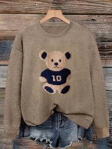 Women's New Round Neck Long Sleeve Sweater, Cute Bear Print, Fashion Casual Knit Style, Suitable For Daily Commute - Earth Gray - View 4