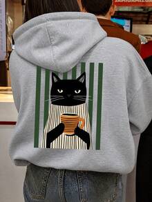Women's Back Print Sweatshirt, Black Cat & Coffee Cup Cartoon Pattern Loose Casual Hooded Sweatshirt - Dark Gray - View 1