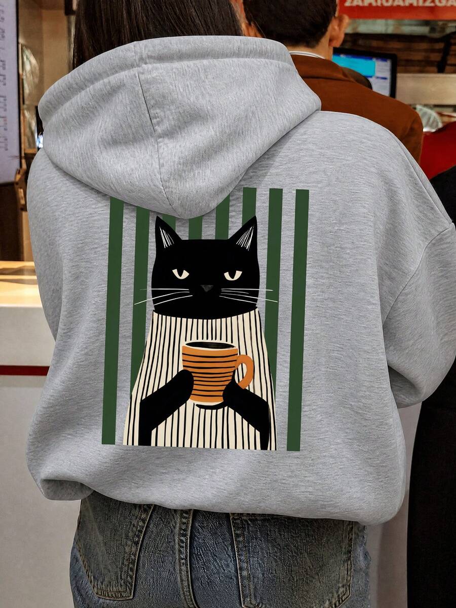 Women's Back Print Sweatshirt, Black Cat & Coffee Cup Cartoon Pattern Loose Casual Hooded Sweatshirt - Dark Gray - View 1