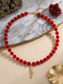 1/2pcs Casual Vintage Fashion Acrylic Colorful Beaded Necklace Set With Small Fish Pendant, Collarbone Necklace For Women, Daily Wear, Date, Bohemian Style, Party, Beach, Vacation, Perfect Birthday, Best Friend, Halloween, Christmas Gift (Slight Color Difference Under Different Lighting) - Multicolor - View 6