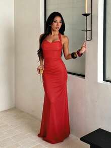 Women's Summer Red Halter Neck Dress With Padded Bust And Mermaid Hem, Suitable For Dates, Gatherings, Balls, Parties - Red - View 6
