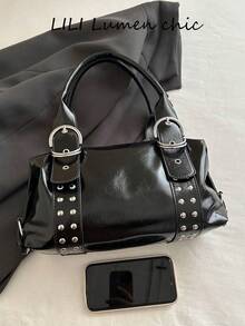 New Solid Color PU Mini Boston Handbag, Silver Rivet Decor, Double D-Ring Adjustable Top Handle, Detachable Crossbody Strap, Y2K Style Shoulder Bag, Streetwear And Cool Girl Essential, Suitable For Nightclubs, Weekend Shopping, City Walks And Daily Outings. - Black - View 3