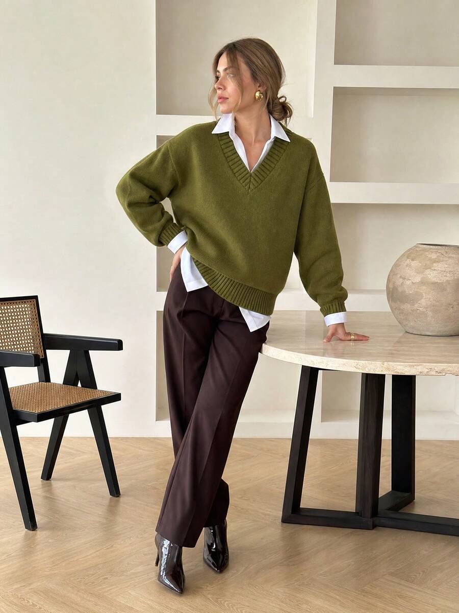 Olive Green Deep V-Neck Dropped Shoulder Loose Ribbed Cuff Knit Sweater ...