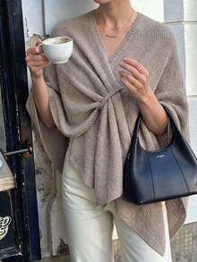 Women's Comfortable Knit Cardigan, Loose Fit, V-Neck, Asymmetrical Hem With Fashionable Knot Detail, Suitable For Autumn - Khaki - View 3